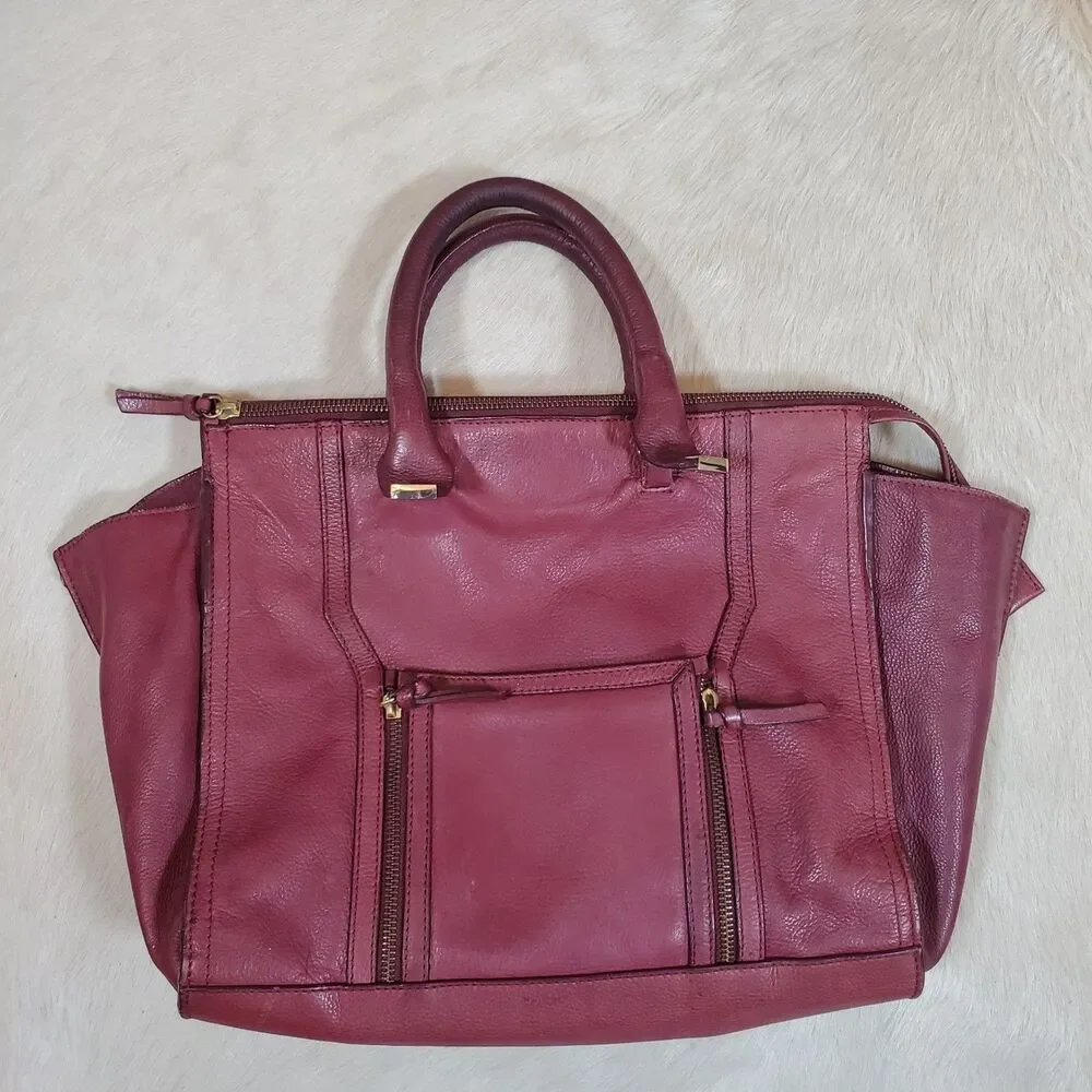 Zara Women's Large Tote Bag Burgundy Gold Hardware Satchel Genuine Leather